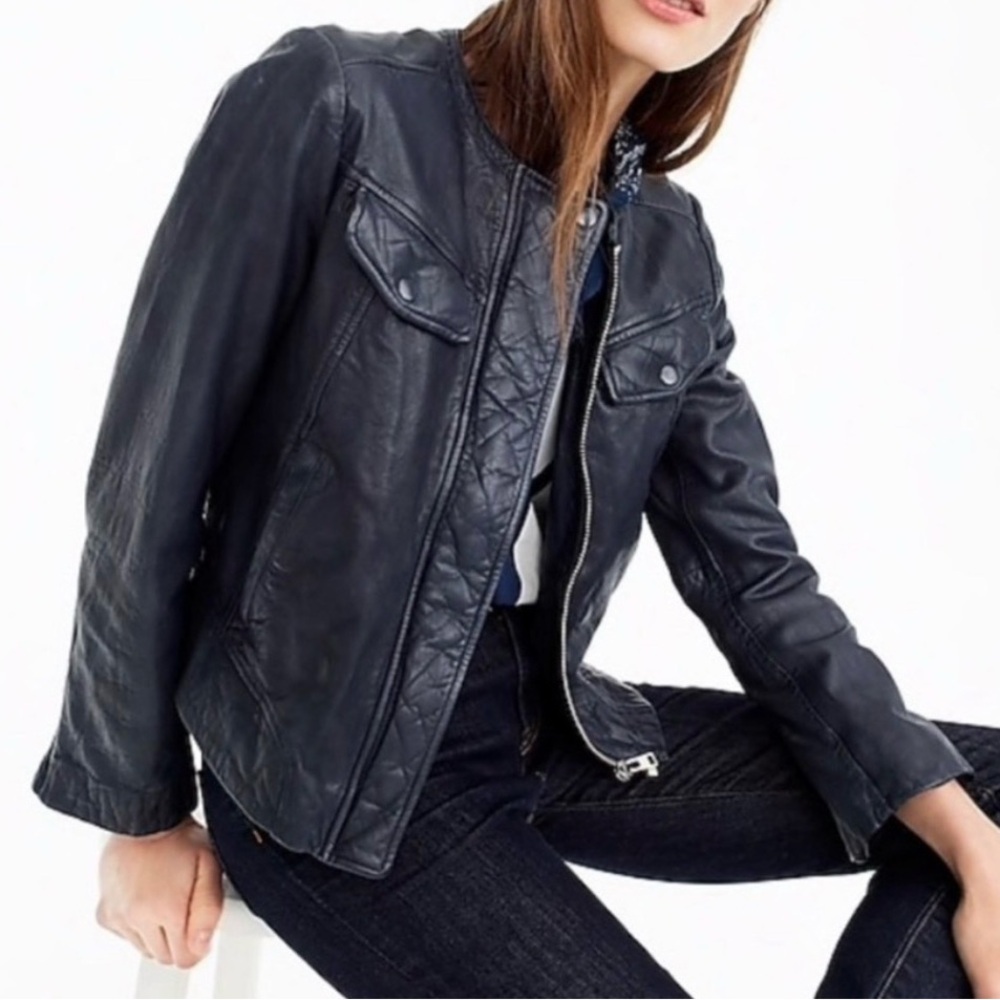 J Crew Collection Navy 100% Leather Shell Jacket